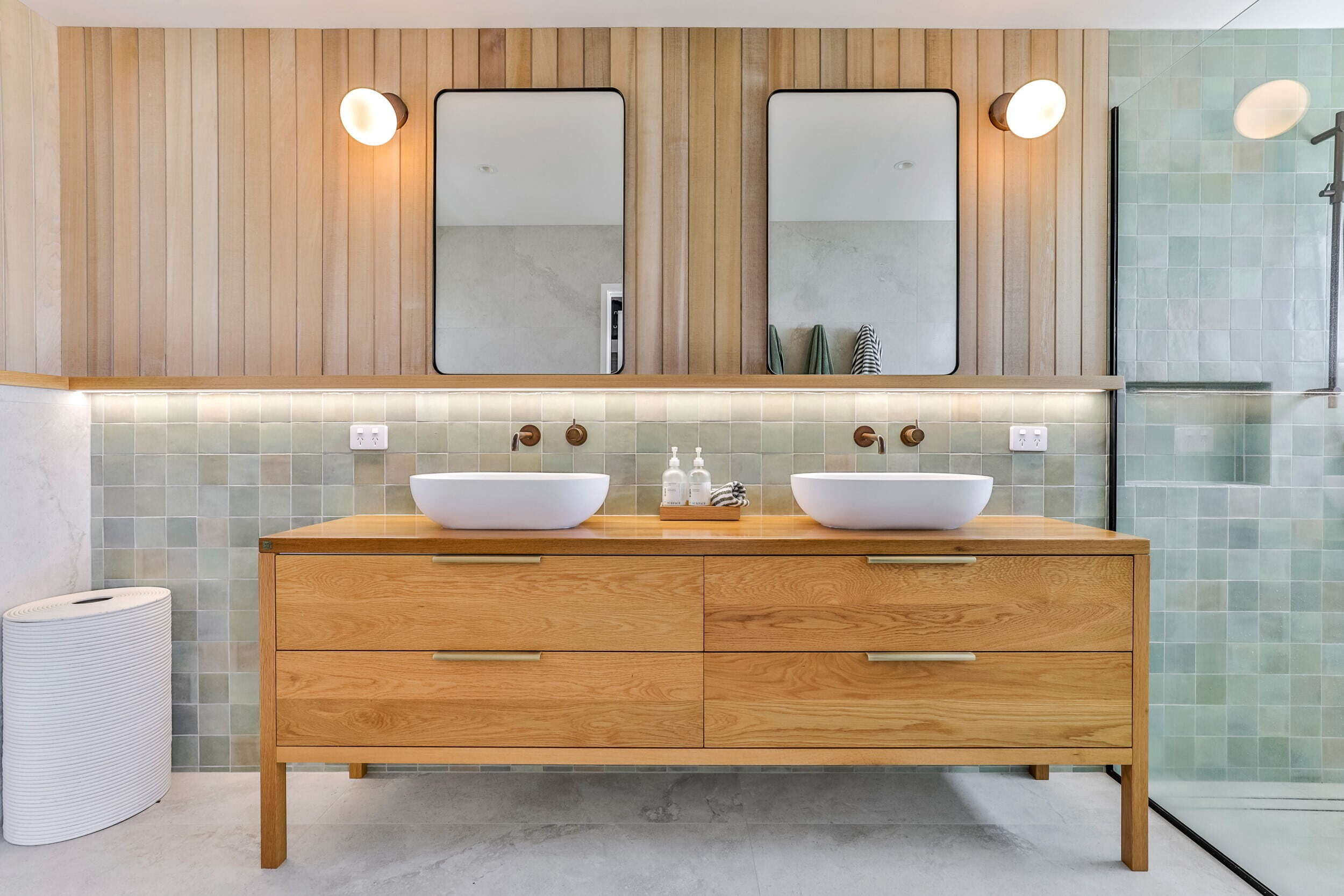 Natural wood bathroom double vanity